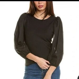 Nation LTD Black Size M Open Back Bow Puff Sleeve Top 100% Peruvian Pima Cotton